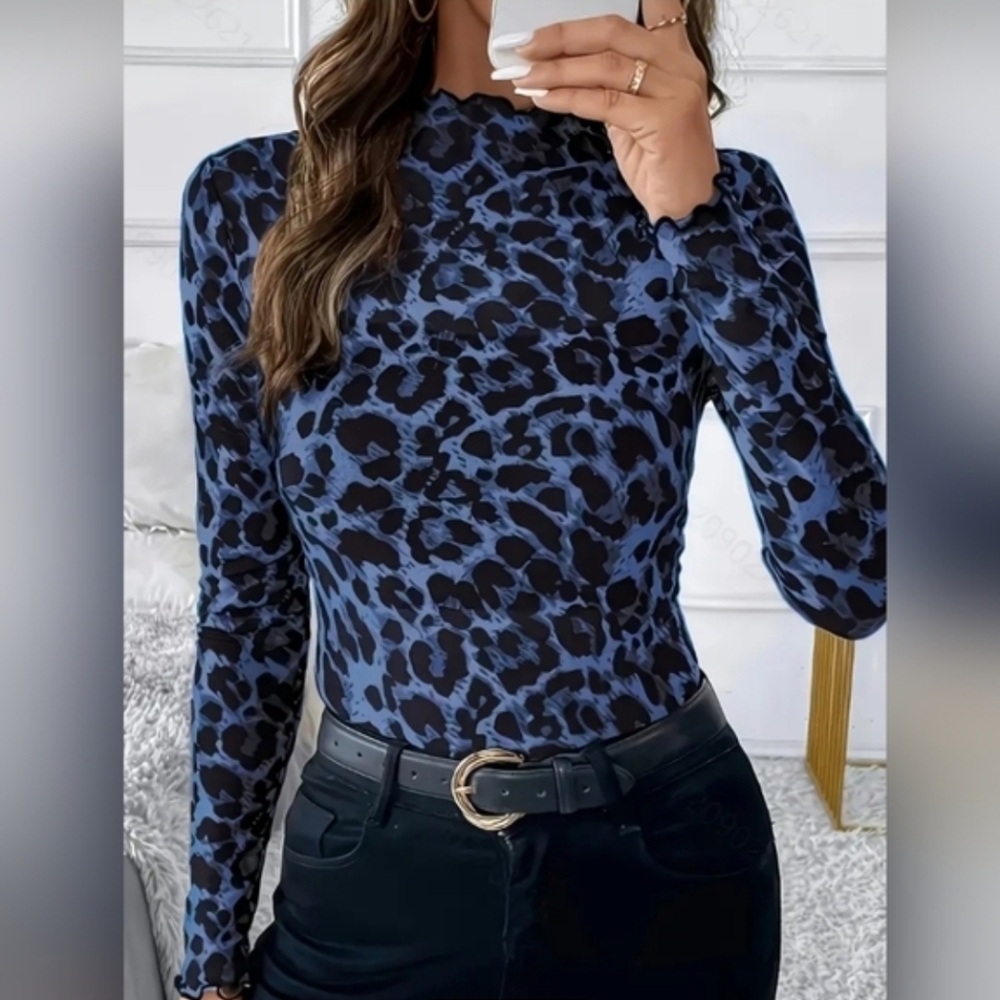 Blue Leopard Print Sheer Long Sleeve Women's Top